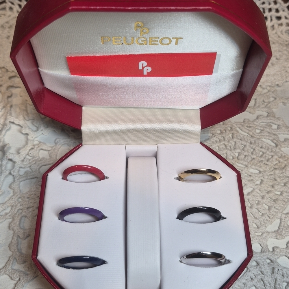 Peugeot Colorful Stackable Rings Set - Red, Purple, Navy, Black, Gold, Silver